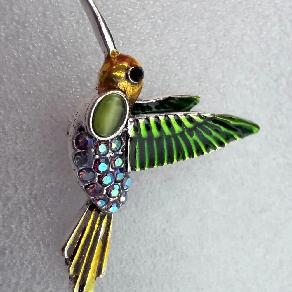 Decorative Green Hummingbird Bird Pendant - Enamel & Crystal Accent